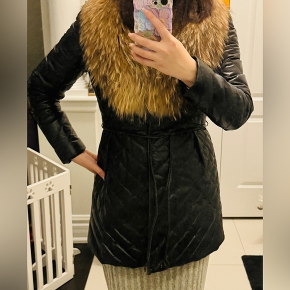 Genuine Lamb Leather with Real Fur Hood Down Jacket, Size L - Picture 11 of 14